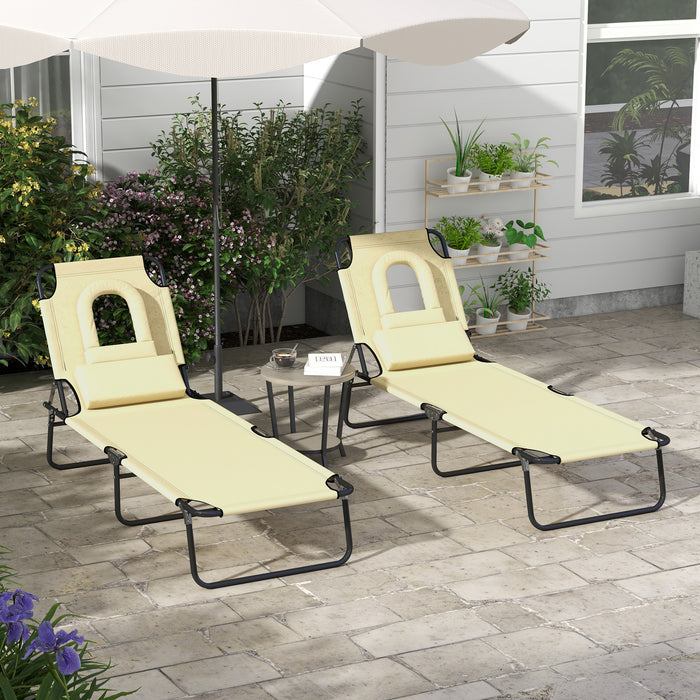 Foldable Beige Sun Lounger Set with Pillow - Adjustable Reclining Chair with 4-Level Backrest and Reading Hole - Perfect for Patio Relaxation and Sunbathing