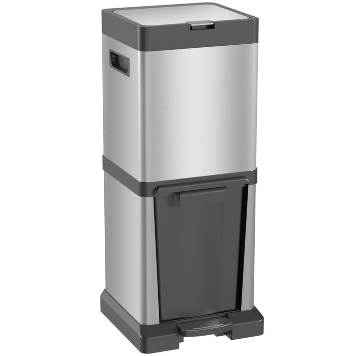 Dual Compartment Kitchen Trash Can - 20+14L Recycling and Waste Stainless Steel Bin, Vertical Pedal Operation with Tilt-Out Design - Soft-Close Lid, Detachable Inner Buckets, Easy Carry Handles for Home Use