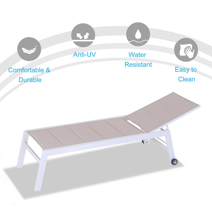 Aluminium Garden Sun Lounger with Padded Cushion - Adjustable Backrest Chaise Lounge & Rolling Wheels, Texteline Fabric - Cozy Outdoor Reclining Chair for Patio Relaxation & Sunbathing