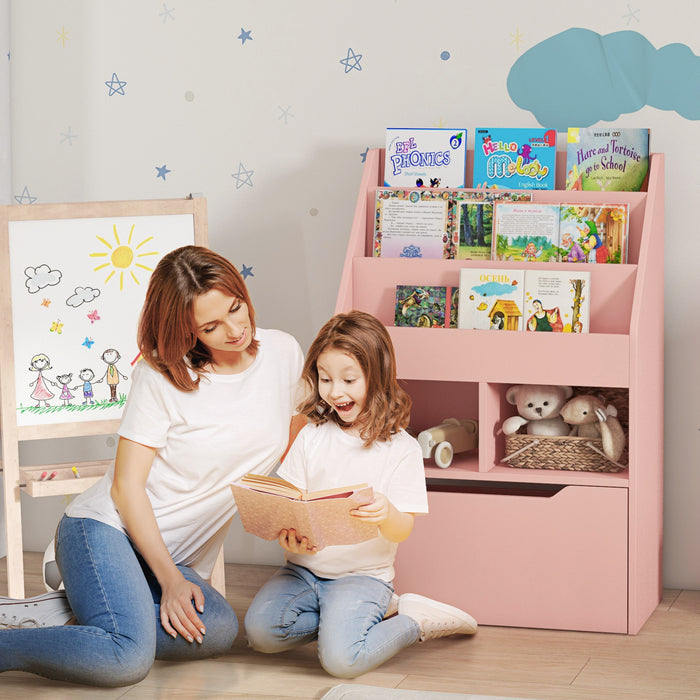 Kids Bookshelf and Toy Organizer with Drawer - Pink Mobile Storage Unit for Children's Playroom - Keeps Toys, Books Organized and Accessible