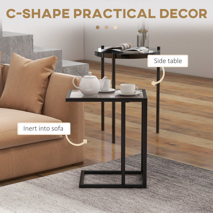 C Shape Bedside Table - Metal Frame with Marble-Effect Top, Narrow Snack End Table - Ideal for Living Room and Small Spaces, Grey