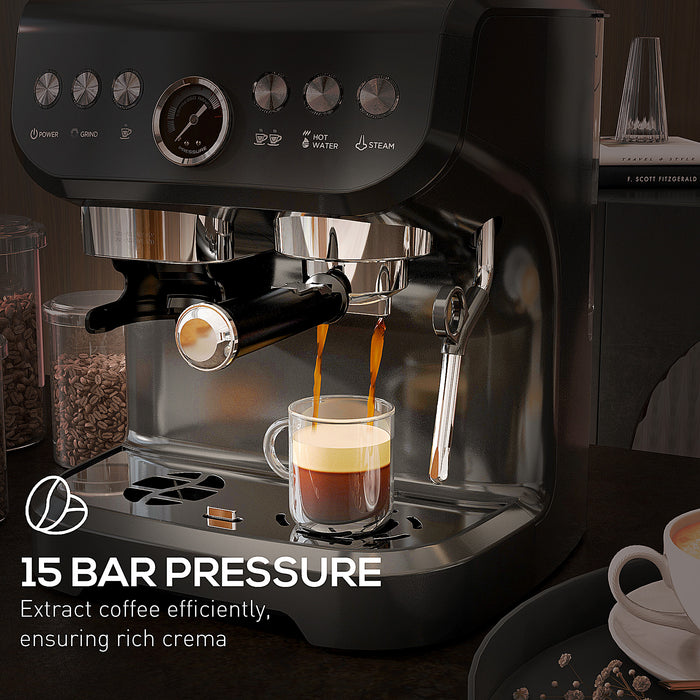 15 Bar Espresso Maker with Adjustable Grind and Steamer - Essential Coffee Machine with Accessories - Perfect for Home Baristas and Coffee Aficionados