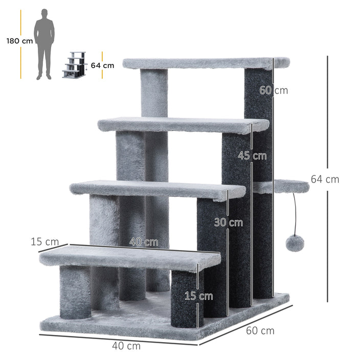 4-Step Pet Stairs with Built-In Scratching Posts - Multi-Level Platforms & Playful Toy Ball - Ideal for Cats Climbing, Scratching, and Playtime