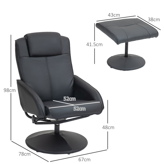 Reclining Faux Leather Lounge Chair with Matching Footstool - Sleek Black Finish - Ideal for Relaxing and Unwinding