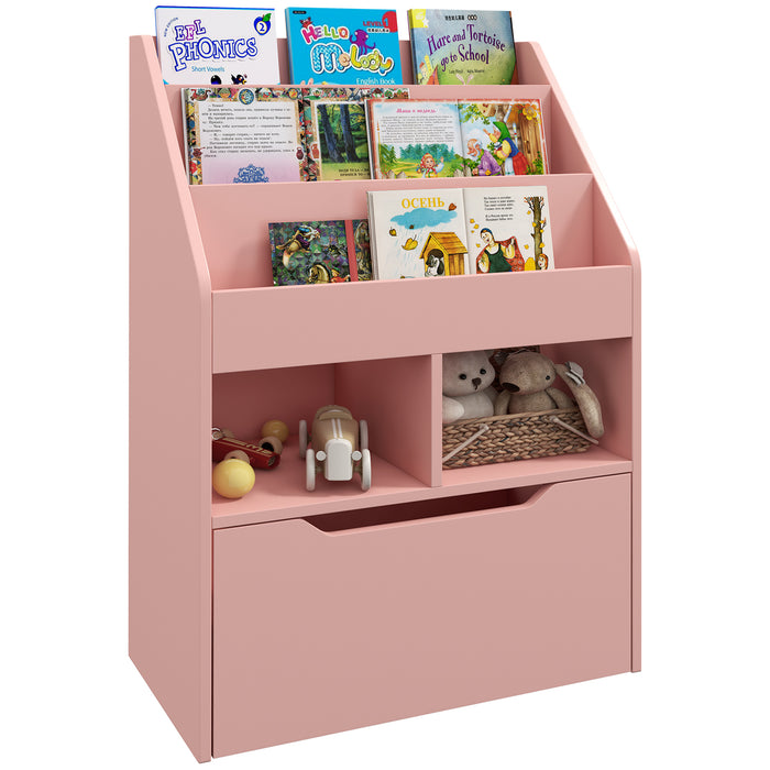 Kids Bookshelf and Toy Organizer with Drawer - Pink Mobile Storage Unit for Children's Playroom - Keeps Toys, Books Organized and Accessible