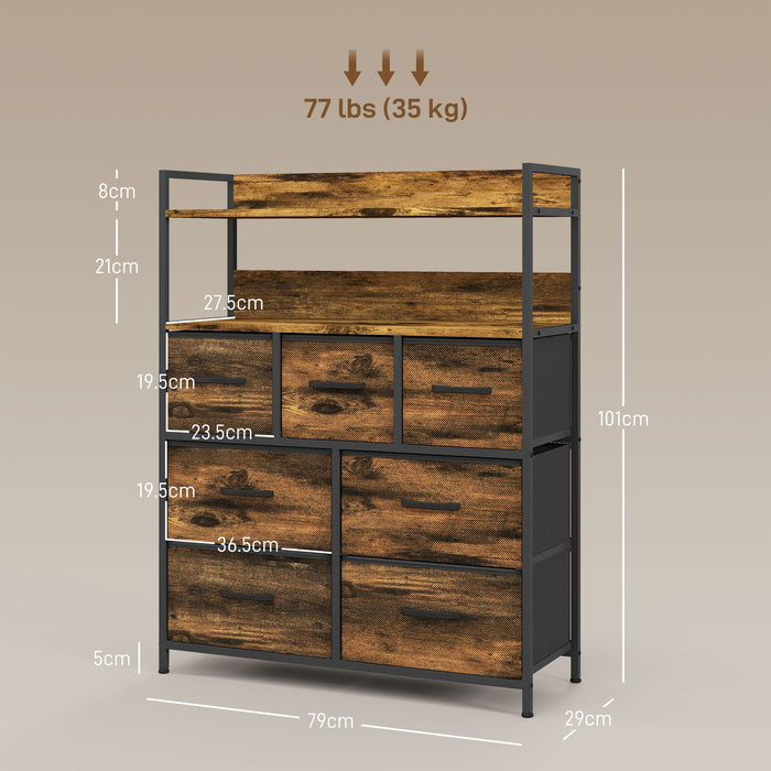 Rustic-Style Storage Unit with 7 Fabric Drawers - Vintage Brown Wood Effect Finish - Ideal for Bedroom Organization