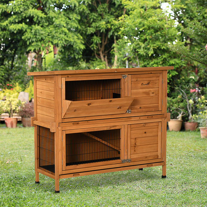 Double-Decker 2-Tier Rabbit & Guinea Pig Hutch - Wooden Pet Cage with Sliding Tray, Asphalt Roof, and Access Ramp, 120x50x104 cm, Orange - Ideal for Outdoor Small Animal Shelter