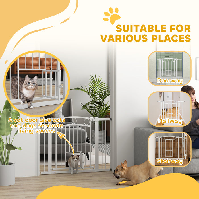 PawHut 77cm Tall Dog Gate with Cat Door, 7cm and 14cm Extensions, for Stairs & Doorways, 76-104cm Width