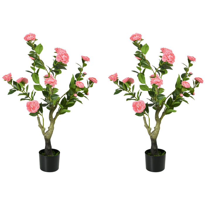 Artificial Camellia Plants in Pot (2 Pieces) - 95cm Tall Pink Decorative Faux Flowers for Indoor/Outdoor Home Decor - Ideal for Housewarming Gifts & Office Spaces