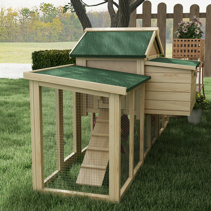 Deluxe Wooden Chicken Coop with Spacious Run - Backyard Hen House with Nesting Box, 204 x 85 x 93cm - Ideal for Poultry Keeping and Egg Laying