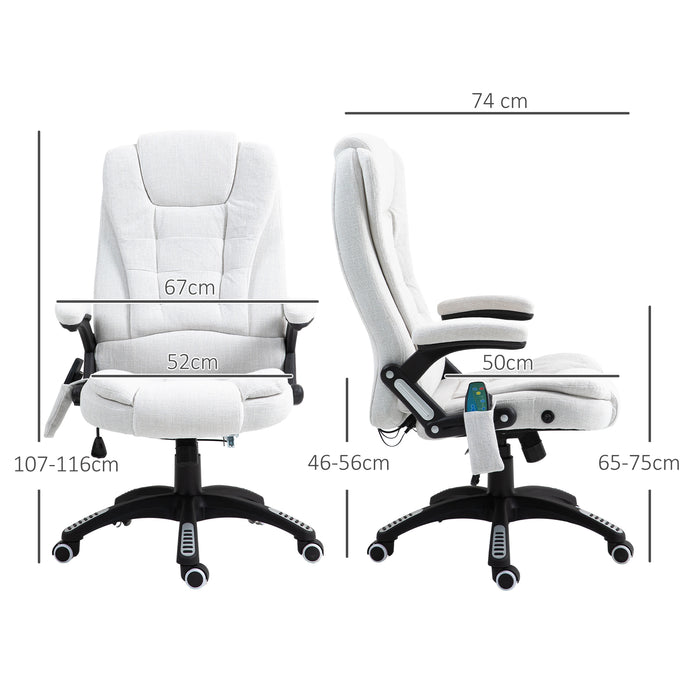 Heated Massage Recliner Chair with Linen Fabric - 6-Point Vibrating Office Chair with Swivel Casters - Comfort for Home and Office Use, Cream White