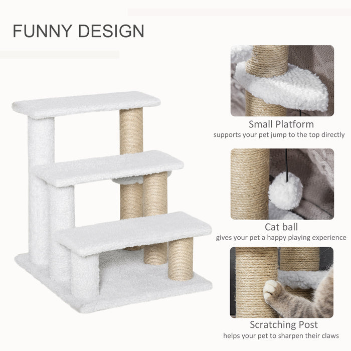 3-Step Pet Staircase with Scratching Posts and Play Platforms - Climbing Ladder with Toy Ball for Interactive Play - Perfect for Aging Cats and Kittens, White