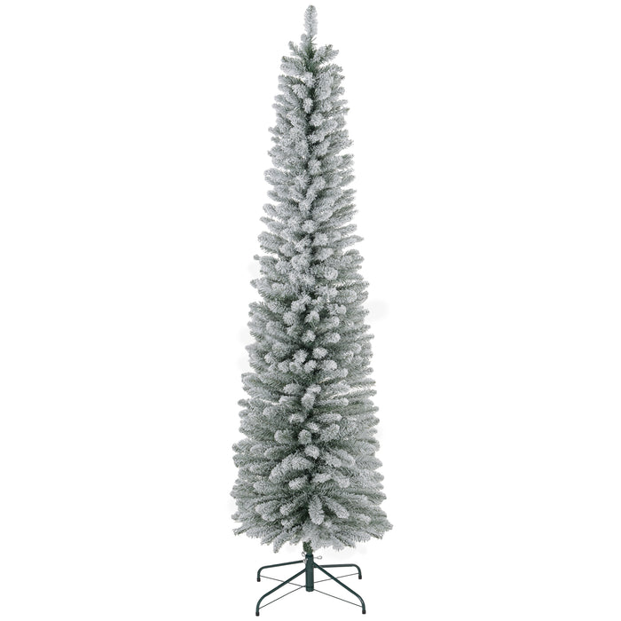 7ft Snow Flocked Pencil Christmas Tree - 405 Realistic Tips with Sturdy Metal Base - Space-Saving Design for Holiday Decor