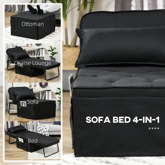 Folding Sleeper Chair with Adjustable Backrest - Convertible Chair Bed with Pillow and Side Pockets, Black - Ideal for Small Spaces and Guest Rooms