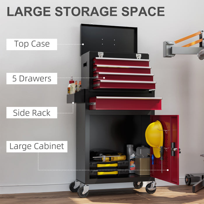 Rolling Tool Cabinet Combo with 5 Drawers and Locking System - Portable Workshop and Home Storage Solution in Red - Ideal for Organizing Tools and Securing Valuables