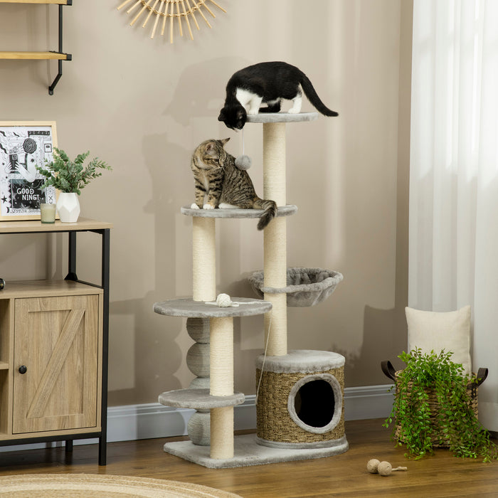 115cm Cat Climbing Tower - Multi-Level Kitten Activity Centre with Plush House, Hammock, Jute Scratching Post & Play Ball - Ideal for Indoor Cat Play & Lounge