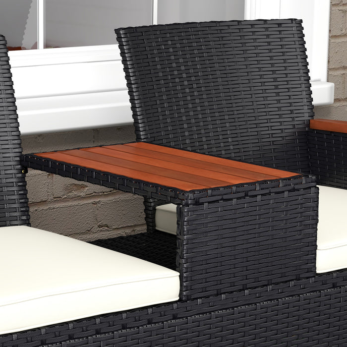 Rattan Two-Seater Loveseat with Integrated Wood-Top Table - Elegant Black Finish - Perfect for Couples or Small Patios