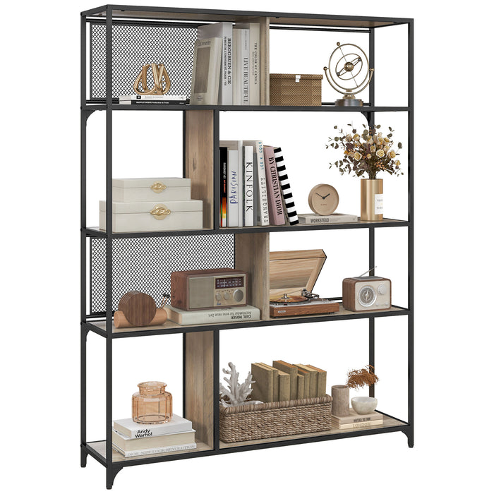 Industrial 5-Tier Bookshelf with Sliding Mesh Doors - Metal and Grey Wood Grain Storage Shelving Unit - Ideal for Living Room, Study, Bedroom Organization