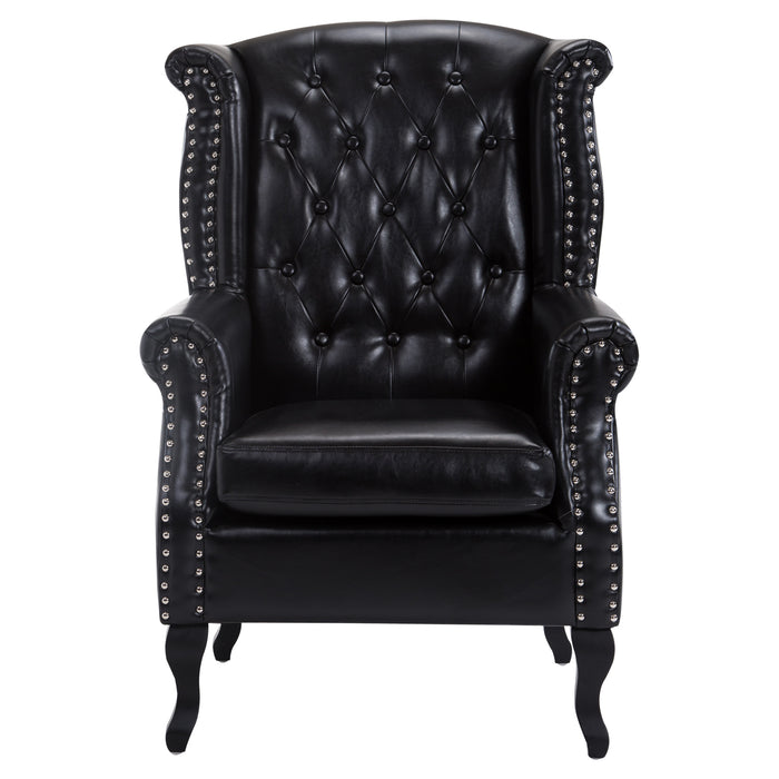 Antique High Back Chesterfield Armchair - Queen Anne PU Leather Fireside Chair with Cushion, Black - Elegant Seating for Living Room and Library