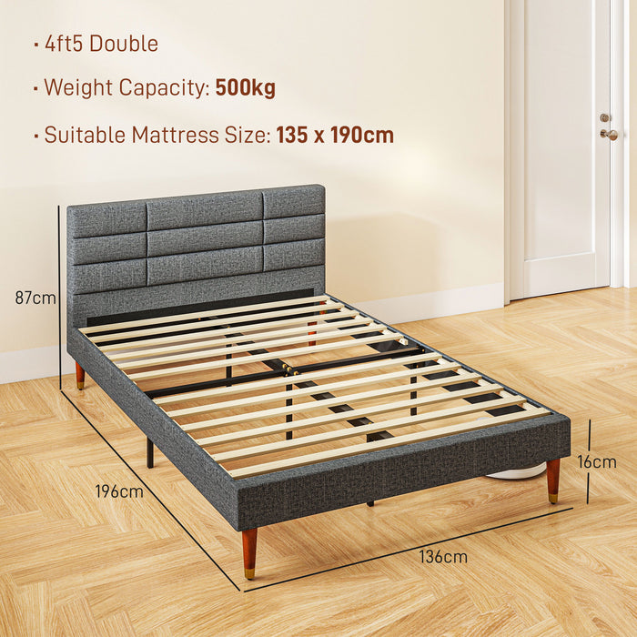 4ft5 Double Platform Bed - Upholstered with Tufted Headboard, Underbed Storage, Wood Slat Support - No Box Spring Required, Space-Saving Design