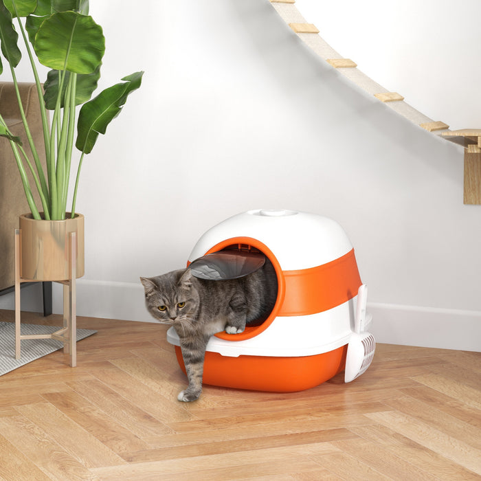 Foldable Orange Cat Litter Box with Lid - Includes Scoop, Built-In Deodorant - Convenient and Odor-Controlled for Cat Owners