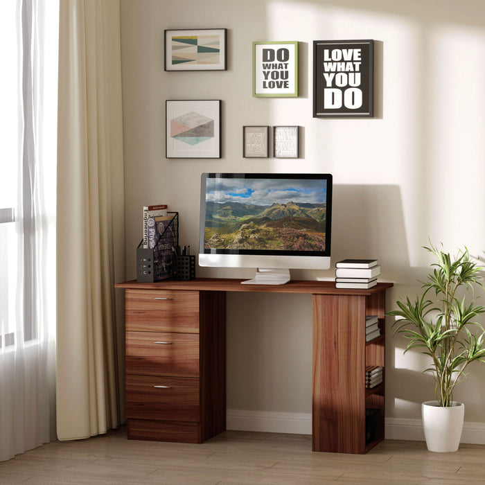 120cm Walnut Computer Desk - Writing Table with PC Workstation, Study Stationery, 3 Shelves & Drawers - Perfect for Home Office Organization