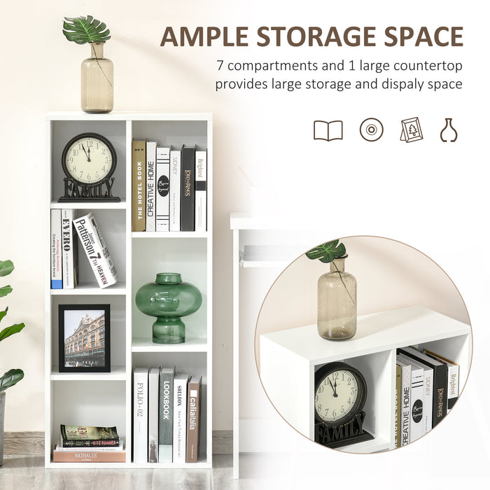 Cube Storage Organizer - 7-Compartment Bookshelf with White Wood Finish - Space-Saving Solution for Home & Office