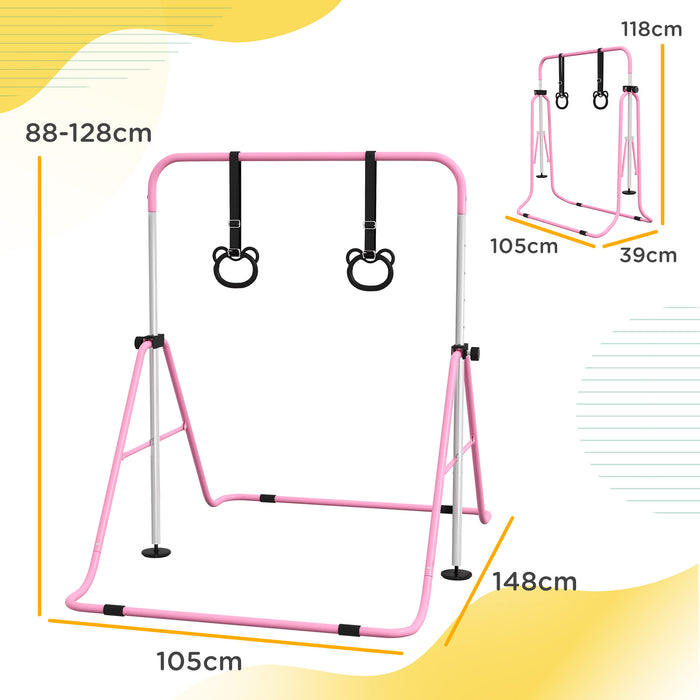 Foldable Children's Gymnastics Bar with Adjustable Height - Non-Slip Mats Included, Safe & Durable - Ideal for Young Gymnasts Aged 3+ Years in Pink