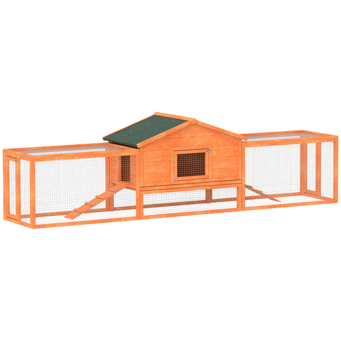 Outdoor Wooden Rabbit Hutch with Spacious Run - Includes Tray, Ramps, and Durable Asphalt Roof - Ideal for Pet Rabbits and Small Animals, 309x70x87cm, Orange Color