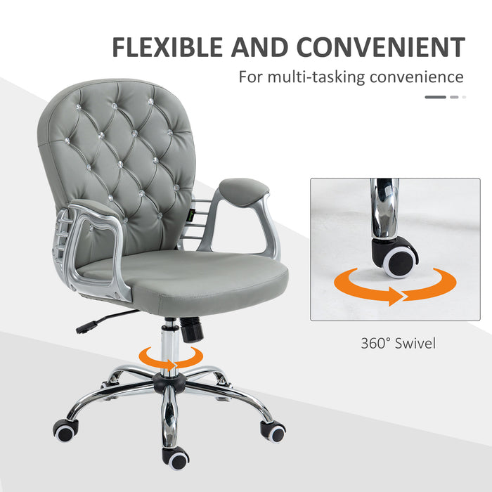 Ergonomic 360° Swivel Office Chair - PU Leather with Diamante Detailing & Padded Base, 5 Castor Wheels - Comfortable Seating Solution for Home and Office Workers, Grey