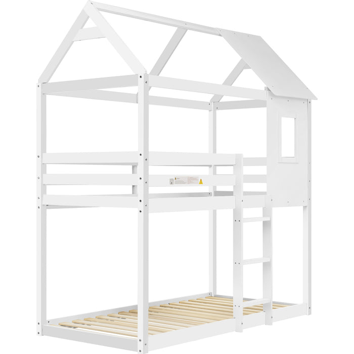 Convertible Twin Bunk Bed with Ladder and Window - Solid Pine Wood, Safety Certified Folding Sleeper, 198x94x221 cm in White - Perfect for Kids’ Bedroom Space Saving Furniture