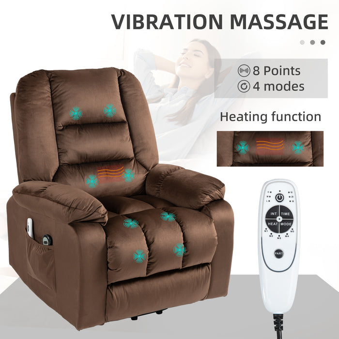 Electric Riser Recliner Chair with Massaging Heat Function - Quick Assembly, Vibration Massage, Heated Seat, Side Storage Pockets in Brown - Ideal for Elderly and Those with Limited Mobility