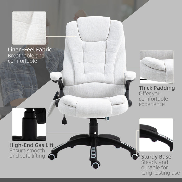 Heated Massage Recliner Chair with Linen Fabric - 6-Point Vibrating Office Chair with Swivel Casters - Comfort for Home and Office Use, Cream White