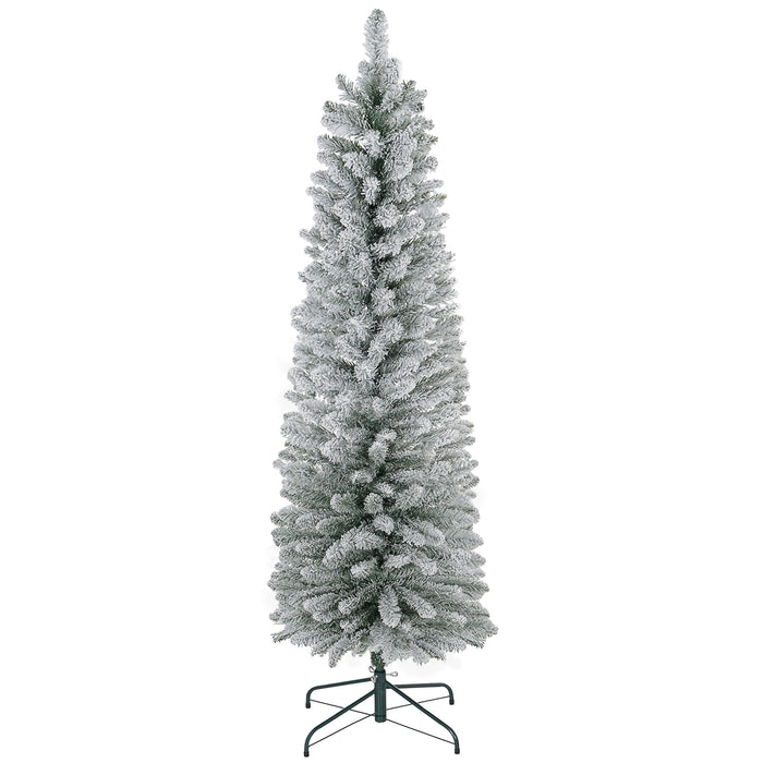 Aosom UK 6ft Pencil Christmas Tree - Snow-Flocked Artificial Tree with 329 Tips & Sturdy Metal Base - Realistic Festive Decoration for Home & Office