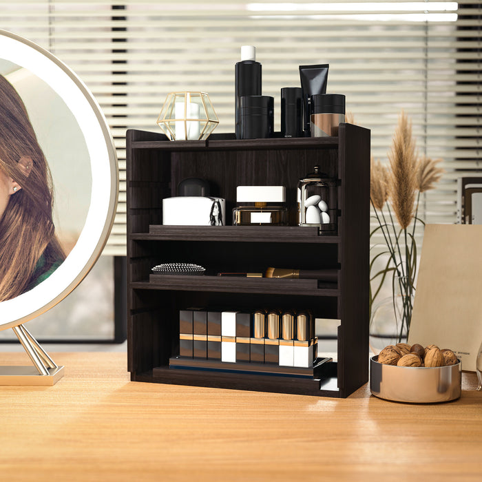 Four-Tier Desk Organizer - Compact & Space-Saving Dark Brown Storage Solution - Ideal for Home Office Clutter Management