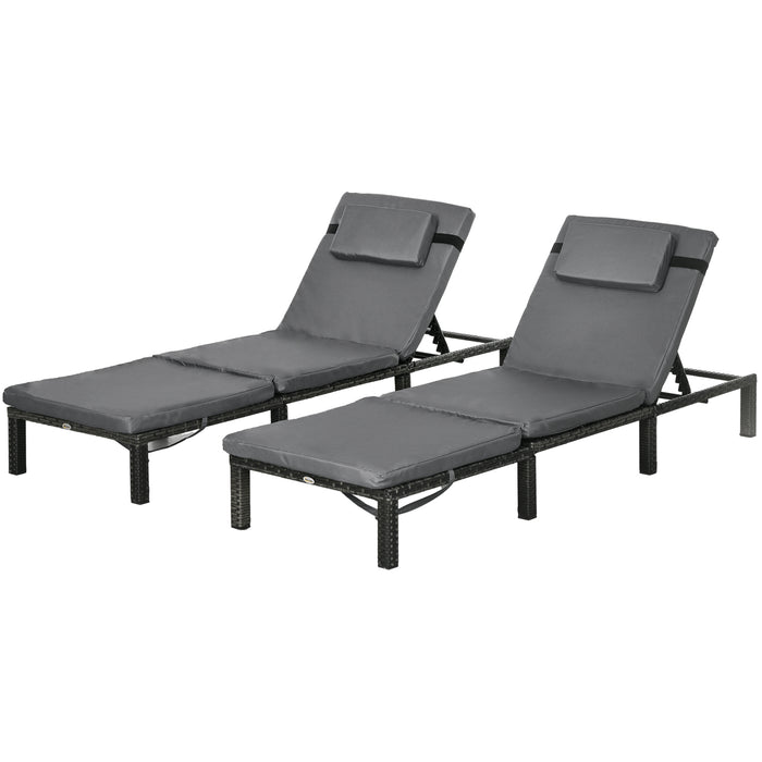 Rattan Sun Loungers Set of 2 - Outdoor Wicker Lounge Chairs with 5-Level Adjustable Backrest, Padded Cushions & Headrest - Ideal for Poolside, Garden Relaxation in Dark Grey