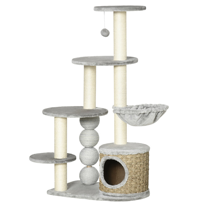 115cm Cat Climbing Tower - Multi-Level Kitten Activity Centre with Plush House, Hammock, Jute Scratching Post & Play Ball - Ideal for Indoor Cat Play & Lounge