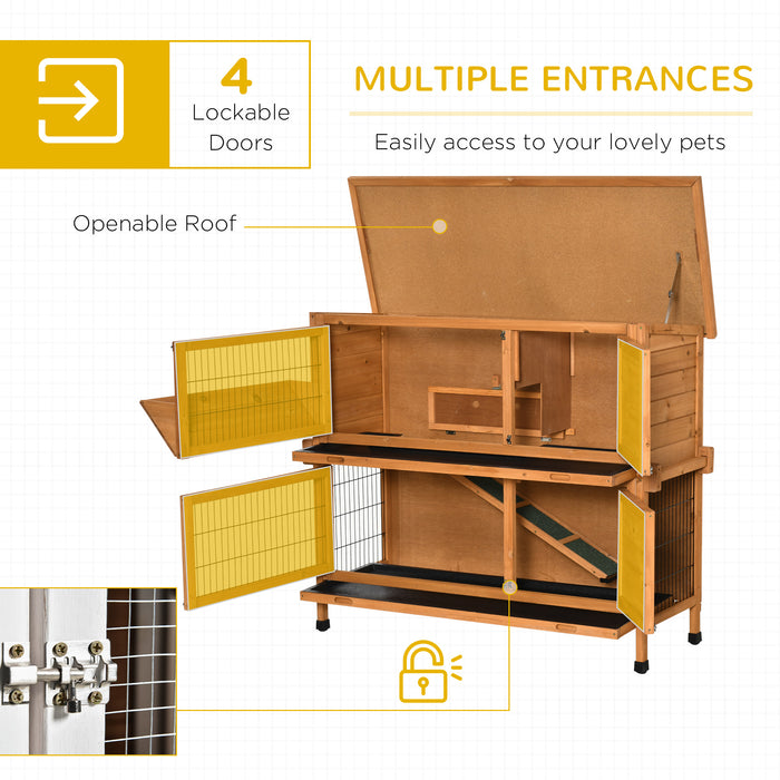 Double-Decker 2-Tier Rabbit & Guinea Pig Hutch - Wooden Pet Cage with Sliding Tray, Asphalt Roof, and Access Ramp, 120x50x104 cm, Orange - Ideal for Outdoor Small Animal Shelter