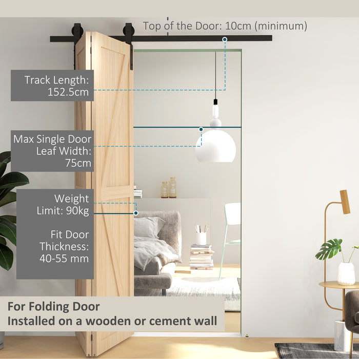 Bi-Folding Sliding Barn Door Track Kit - Heavy Duty 5FT Hardware with J Shape Hangers for Dual Doors - Space-Saving & Stylish Solution for Home Interior