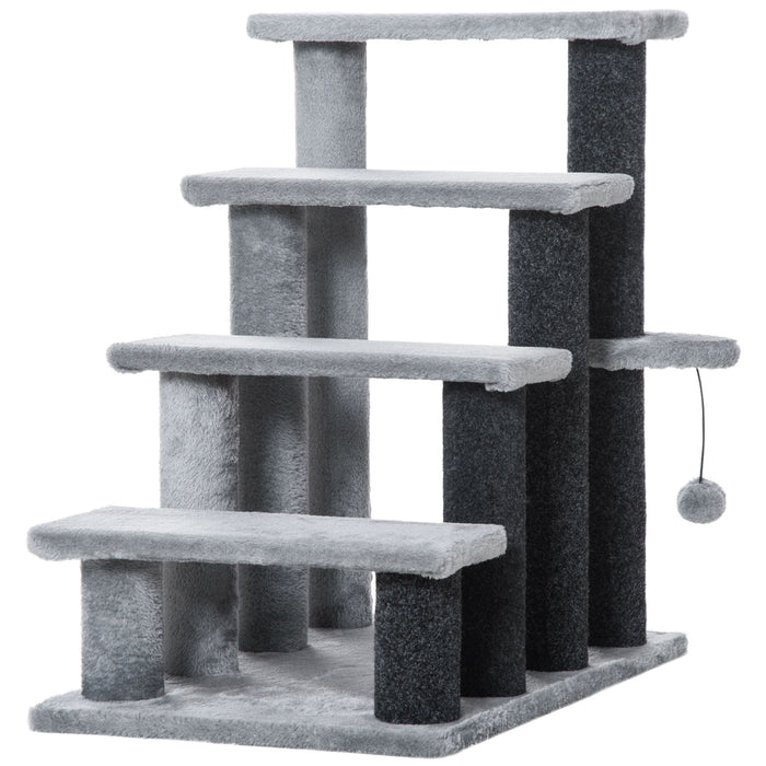 4-Step Pet Stairs with Built-In Scratching Posts - Multi-Level Platforms & Playful Toy Ball - Ideal for Cats Climbing, Scratching, and Playtime