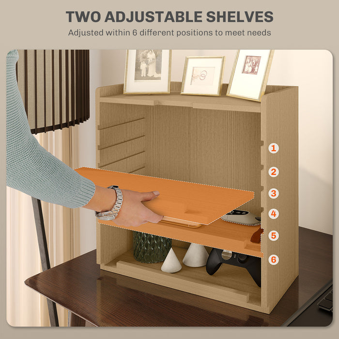 Four-Tier Oak-Toned Desktop Organizer - Space-Saving Office Storage Solution - Ideal for Decluttering Workspaces