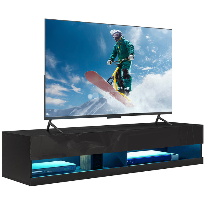 Modern Black Floating TV Cabinet with LED Lights - High Gloss Wall Mounted Media Unit with Storage Shelves - Stylish Entertainment Center for Living Room