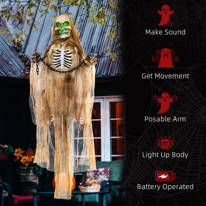 72" Hanging Skeleton Decoration with Sound and Light - Halloween Animatronic with Sound Activation, Light-Up Body and Sound Effects - Spooky Prop for Haunted House and Outdoor Display