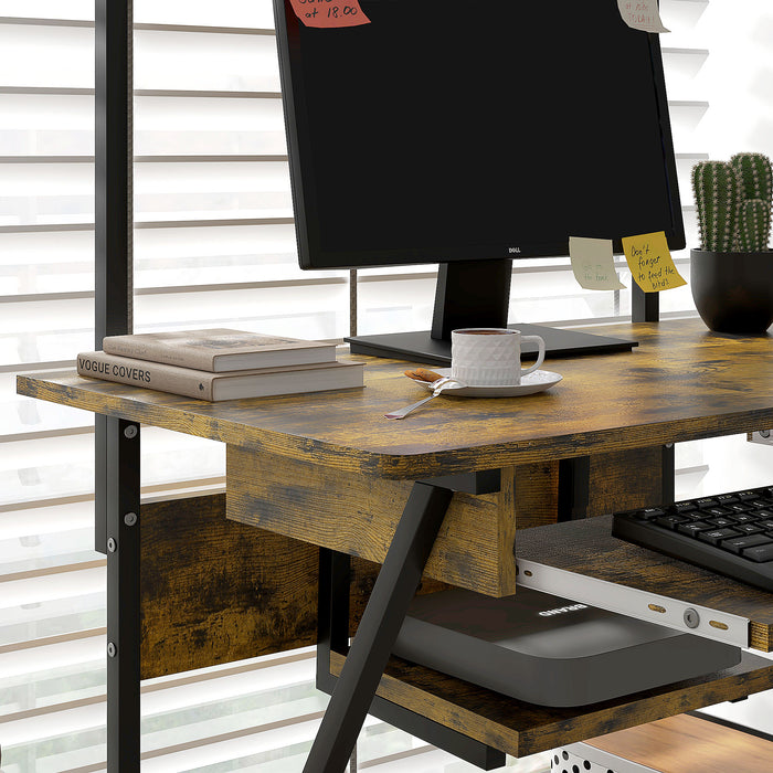 Industrial-Style Mobile Workstation - Computer Desk with Keyboard Tray and Storage Shelves on Wheels - Space-Saving Rolling Study Table for Home Office Users