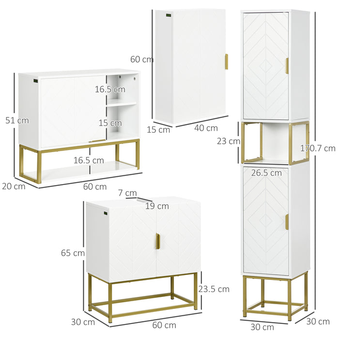 kleankin 4 Piece Bathroom Furniture Set, Freestanding Tall Bathroom Cabinet, Under Sink Storage Cabinet, 2 Wall Mounted Cabinets, White