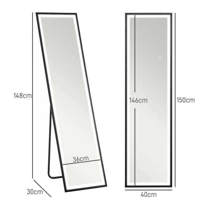 HOMCOM Full Length Mirror with LED Lights, 150 x 40cm Free Standing Mirror with Dimming and 3 Colour Lighting, Leaning or Wall Mirror with Metal Frame for Living Room, Bedroom, Black