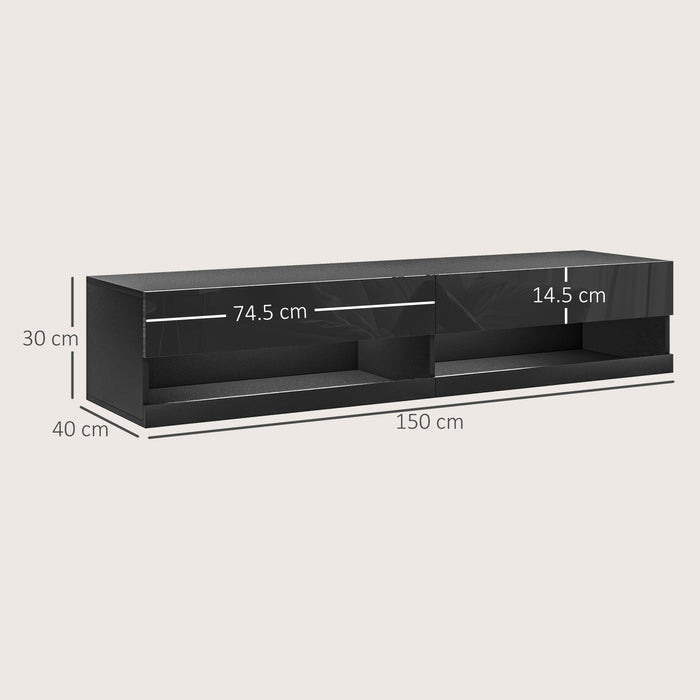 Modern Black Floating TV Cabinet with LED Lights - High Gloss Wall Mounted Media Unit with Storage Shelves - Stylish Entertainment Center for Living Room