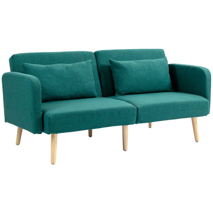 Convertible 2/3-Seater Sofa Bed in Green - Fabric Couch with Pull-Out Bed Settee and 2 Cushions - Ideal for Living Room or Guest Room Comfort