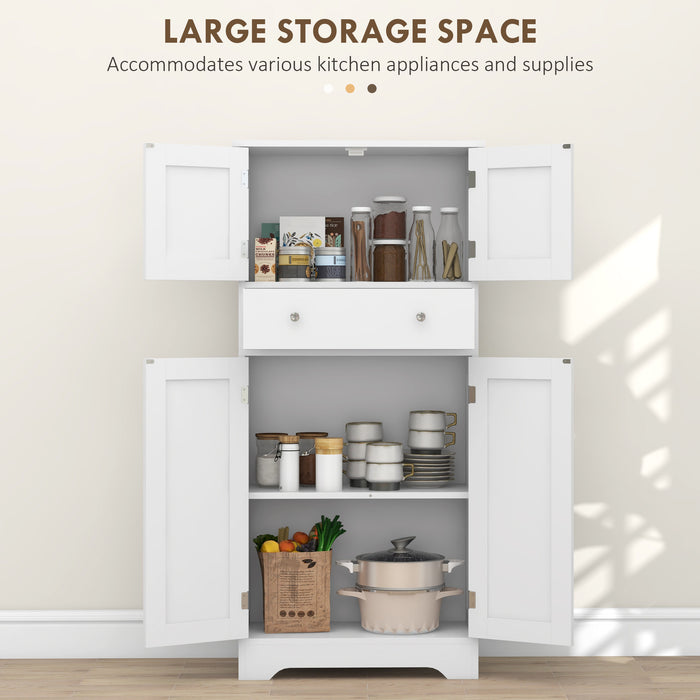 Modern Freestanding Kitchen Storage Cabinet - Elegant White Cupboard with Doors, Shelves & Drawer - Space-Saving Design for Kitchen Organization