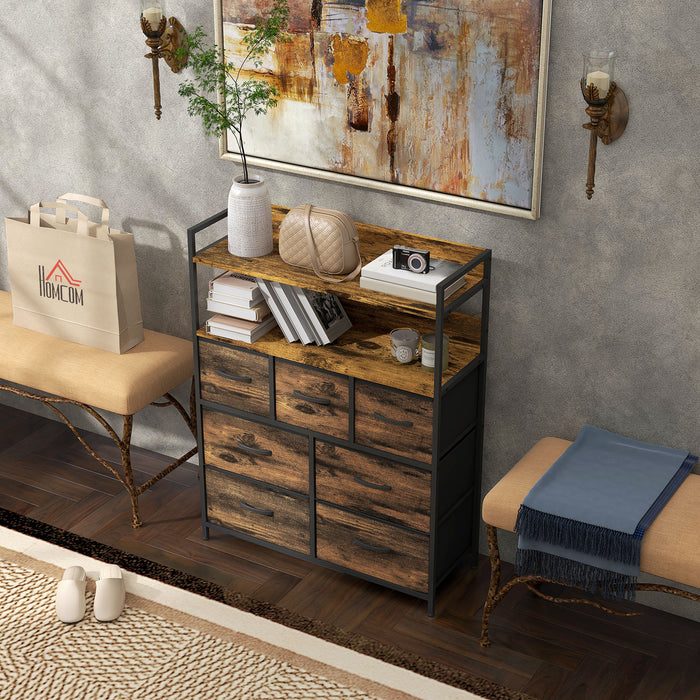 Rustic-Style Storage Unit with 7 Fabric Drawers - Vintage Brown Wood Effect Finish - Ideal for Bedroom Organization